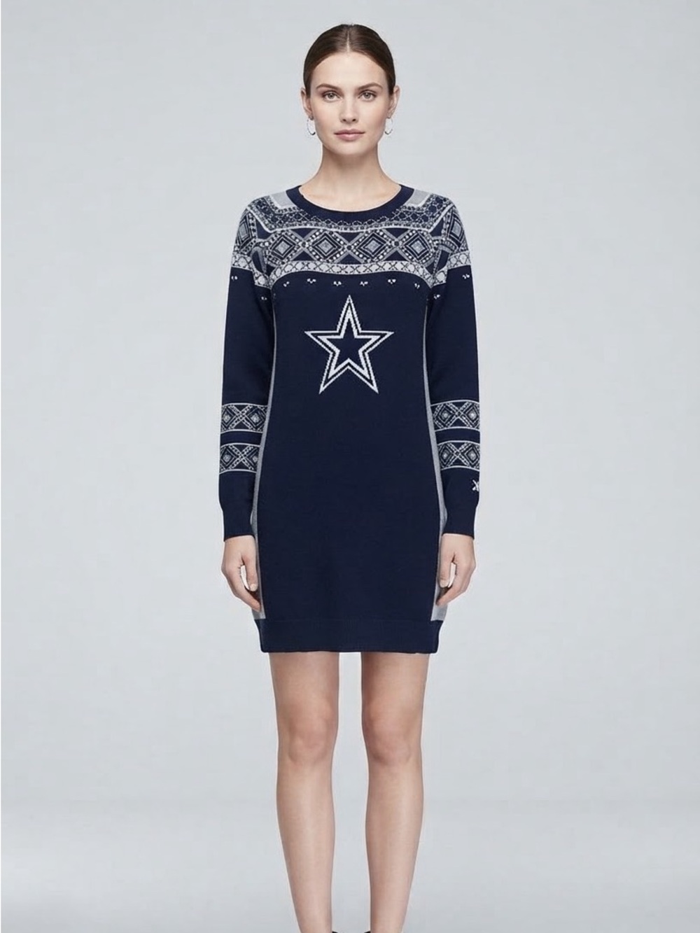 Dallas Cowboys Fair Isle Star Knit Sweater Dress Blue Gray Long Sleeve Medium